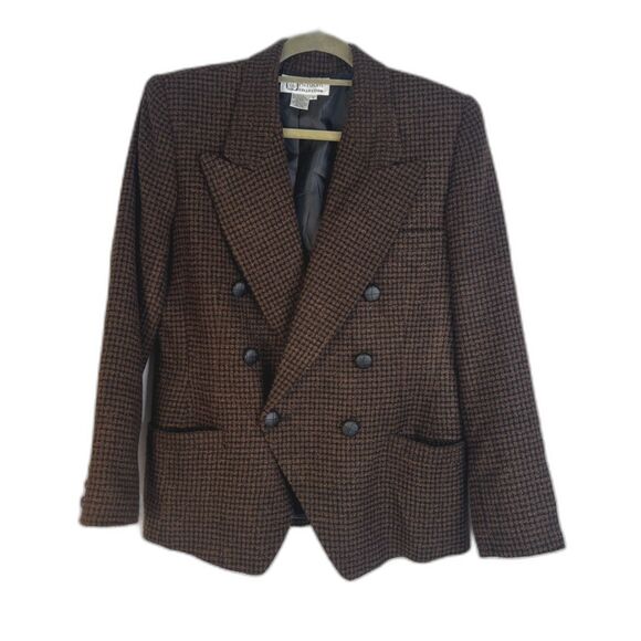 Atrium Collection Brown Tweed Plaid Career Blazer Double Breasted Size 8 Classic - Picture 1 of 10